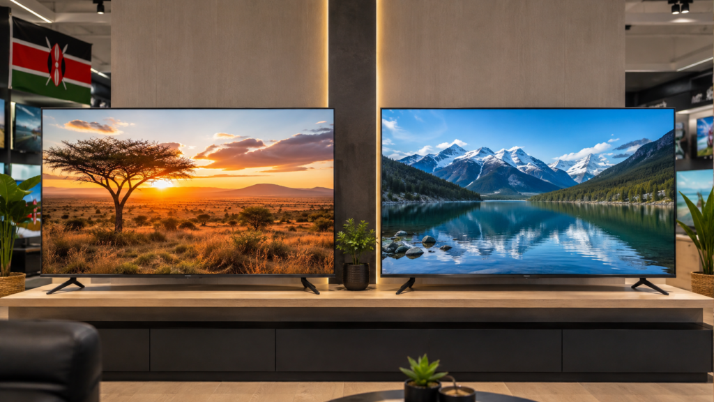 TCL vs Hisense: Which 50-Inch Smart TV Actually Lasts Longer in Kenya? Two unbranded 50-inch smart TVs side by side showing contrasting pictures