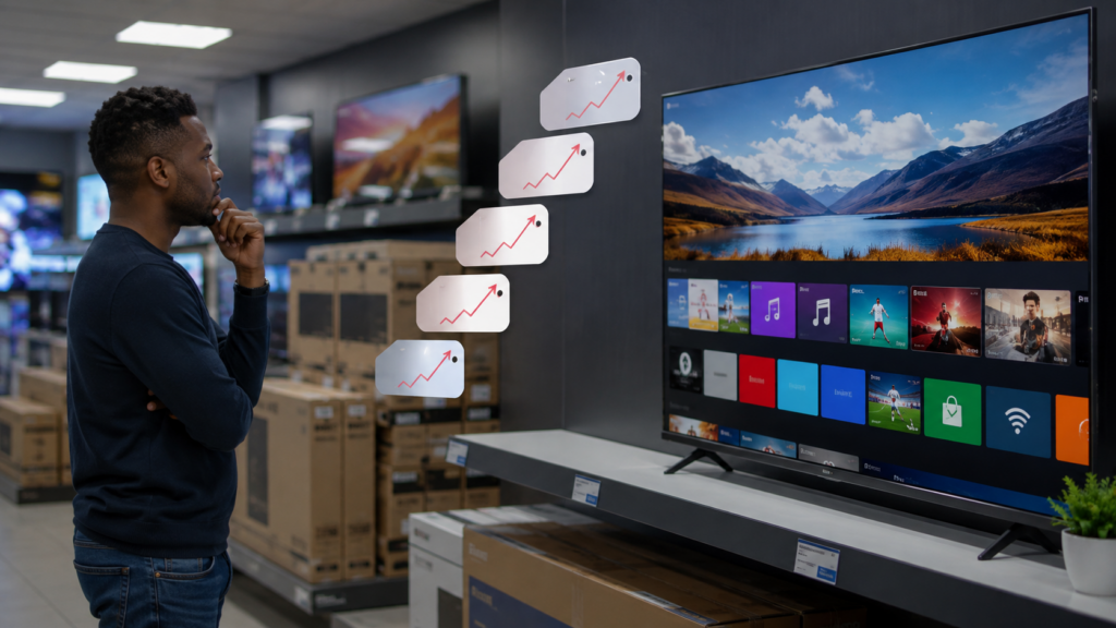 Smart TV surrounded by retail boxes and changing price labels