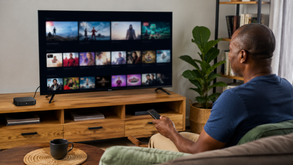 Small Android TV box plugged into an older flat-screen TV