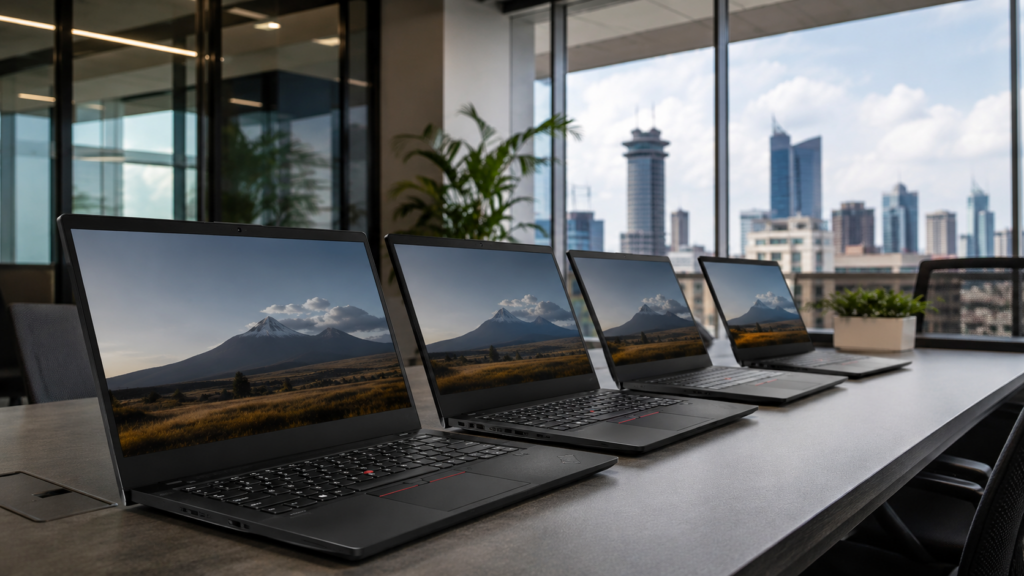Row of black Lenovo business laptops in a modern Nairobi office