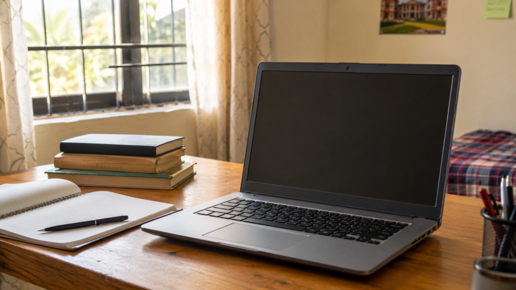 Affordable laptop on a student study desk in Kenya
