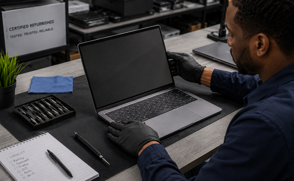 Refurbished business laptop being inspected by a technician