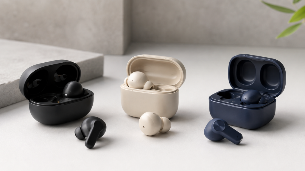 Three mid-range wireless earbud designs presented side by side