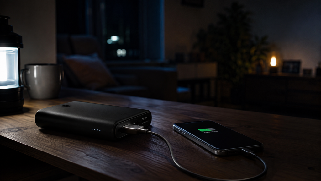 Power bank charging a phone in a dim room during a power outage