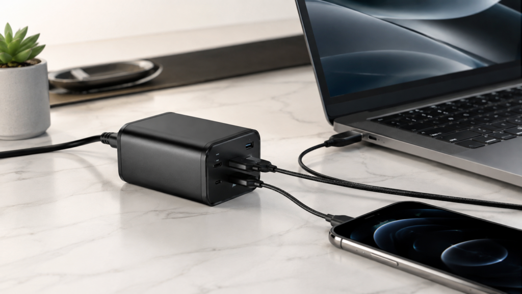 Compact multi-port GaN charger powering a laptop and phone