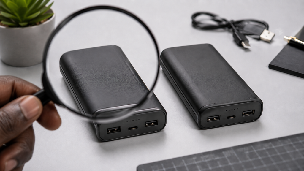 Two similar power banks side by side for a genuine vs fake inspection