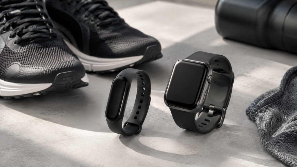 Slim fitness tracker band and smartwatch beside running shoes