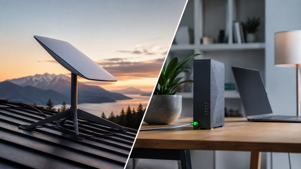 Starlink satellite dish and fibre router in a split scene