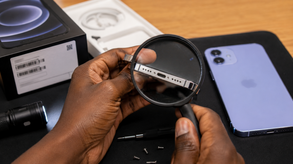 Smartphone being inspected for refurbishment signs